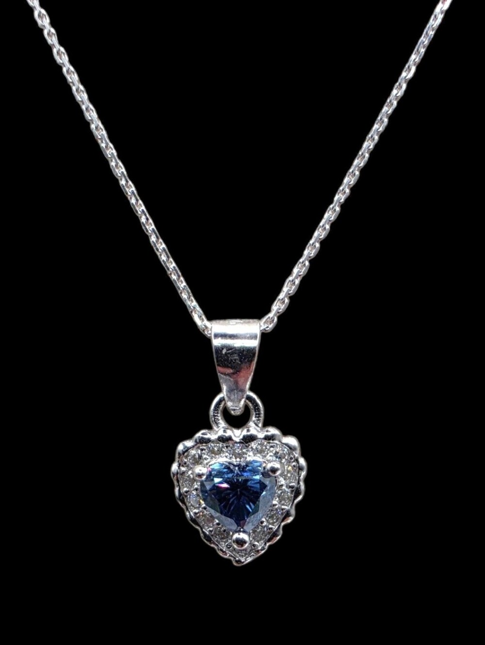 0.6 CTW Blue Moissanite Solid Sterling Silver Dainty Heart Halo Necklace 18"